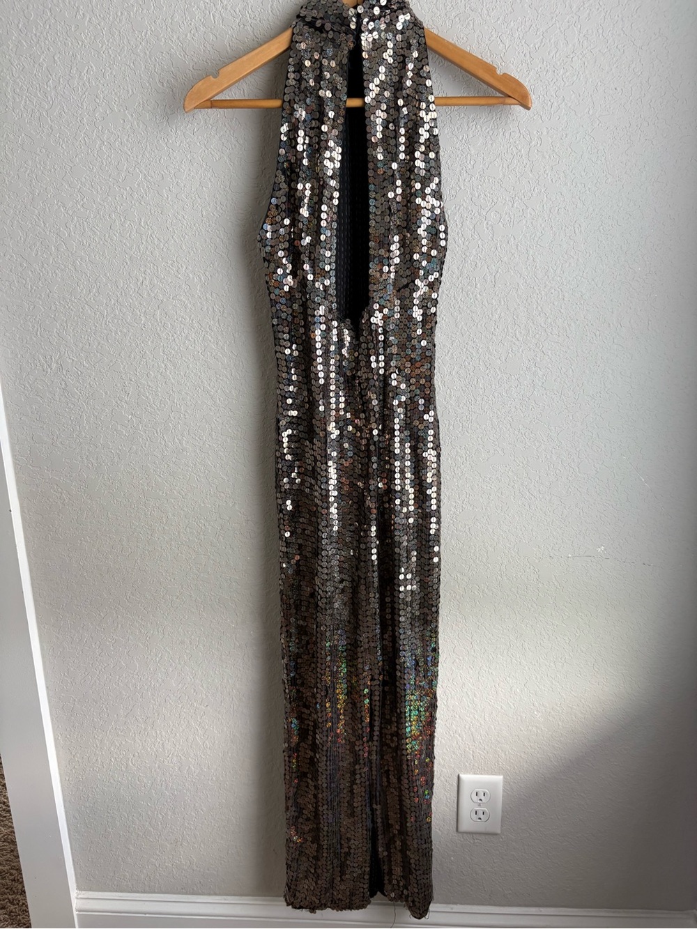 Adrianna Papell Evening Silver Sequin Halter Maxi Gown Dress Size 8 Formal - Picture 5 of 7